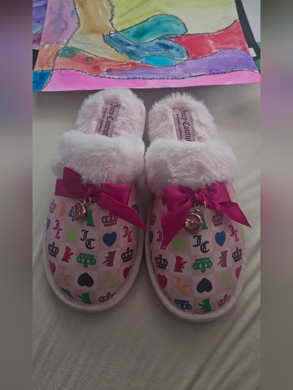 Juicy Couture Light Pink Multicolor Logo Bow Slip-On Slippers